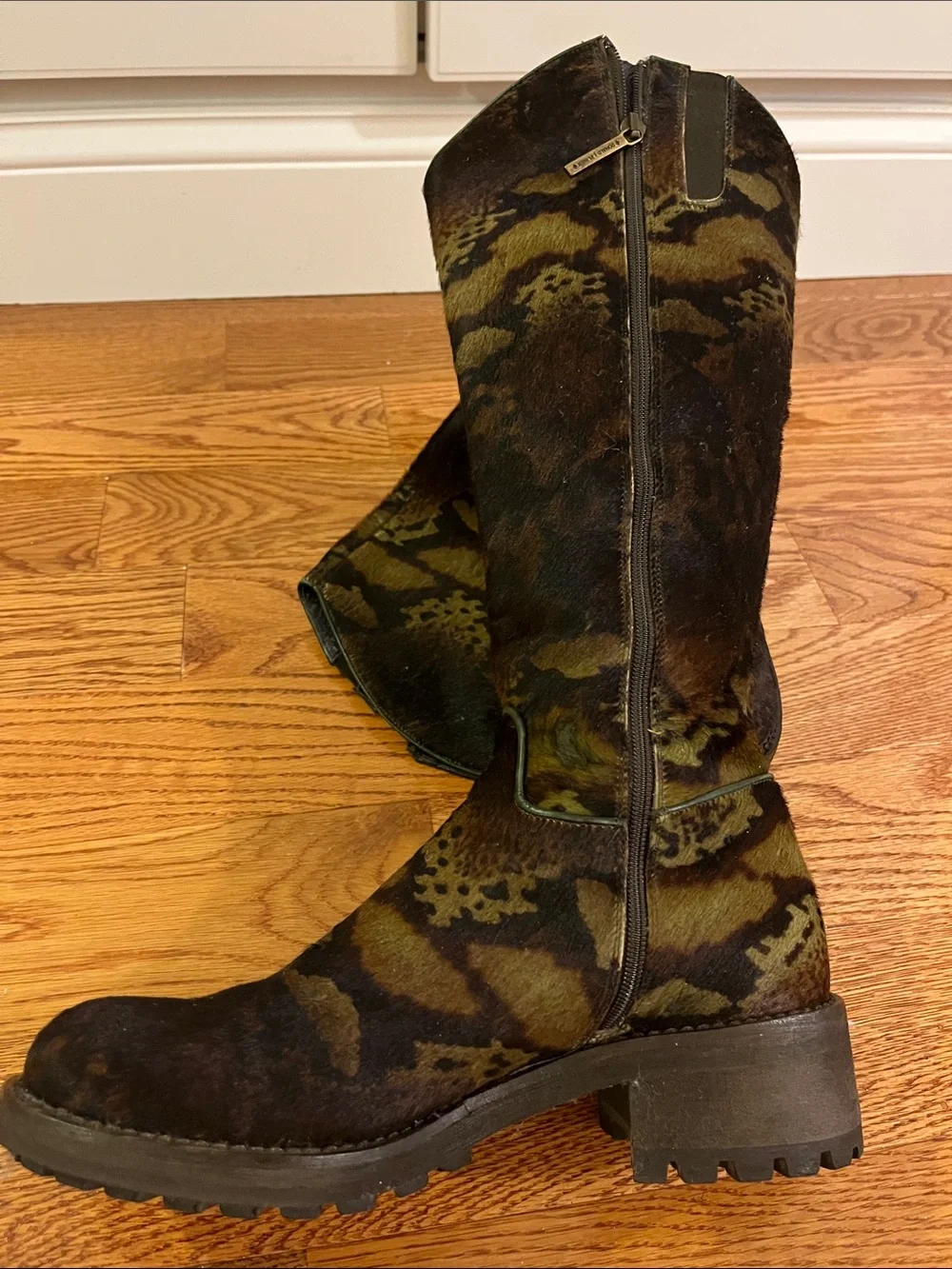 Soft calfskin Italian Women's Tall Patterned Suede Boots in Olive Brown
